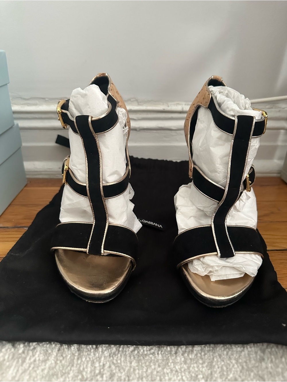 Dolce & Gabbana Black and Gold Strappy Cork Heeled Sandals